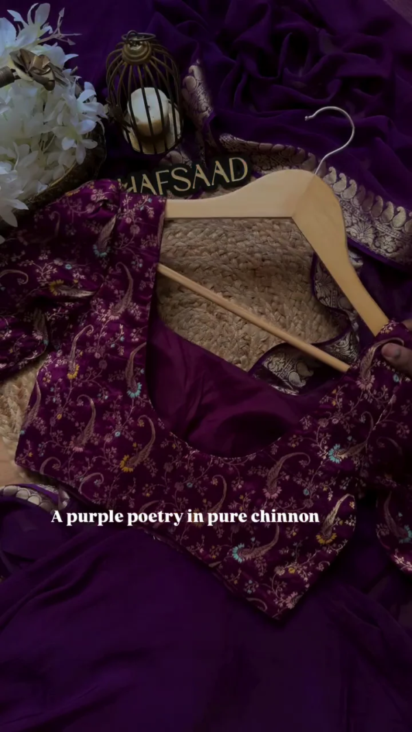 A pure chinnon purple jacquard and embroidery saree is a stunning choice for traditional and festive occasions - Image 5