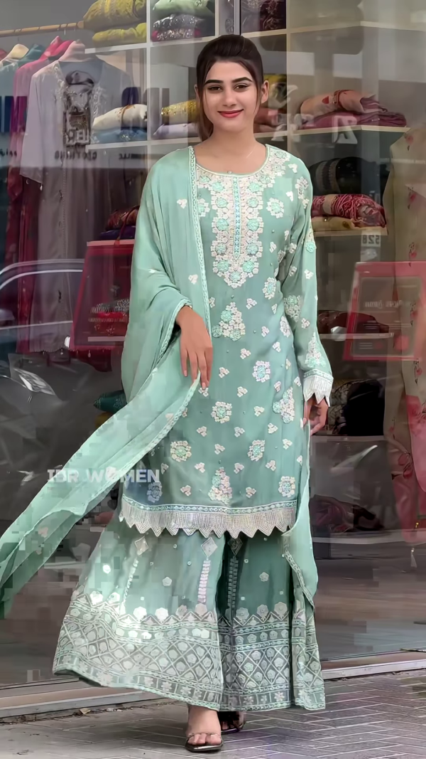 Stunning Yellow and Pista Green Embroidered Anarkali Set - Image 2