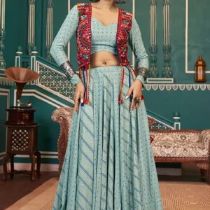 Pista Green Embroidered Jacket Chaniya Choli – Perfect for Navratri