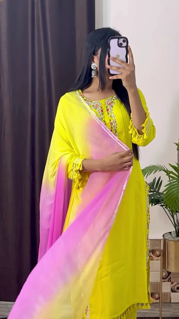 yellow coloured Handwork Kurti With Pant & Fancy Organza Dupatta - Image 2