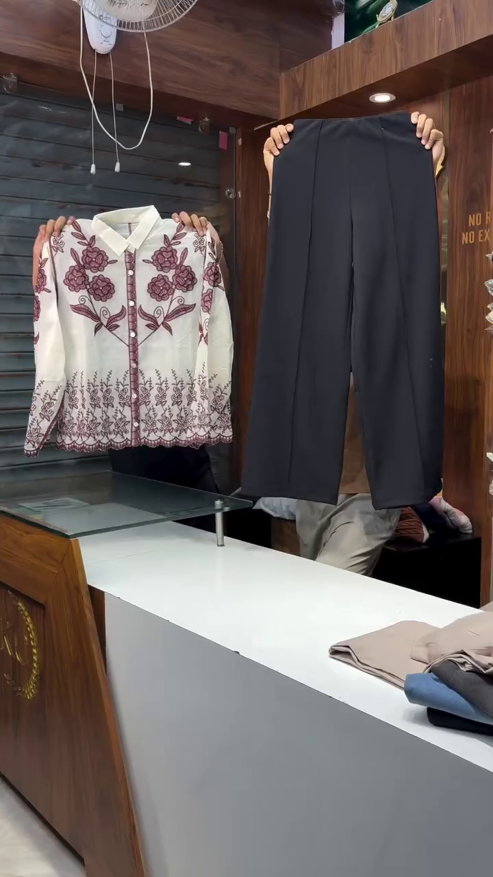 Unisex Maroon Embroidered White Shirt with Black Pants – Casual Ethnic Fusion Ensemble