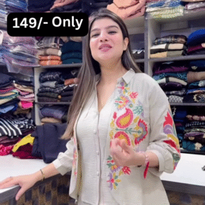 Light Beige Embroidered Kurta with Multicolor Threadwork – Festive Ethnicwear for Retail Displays