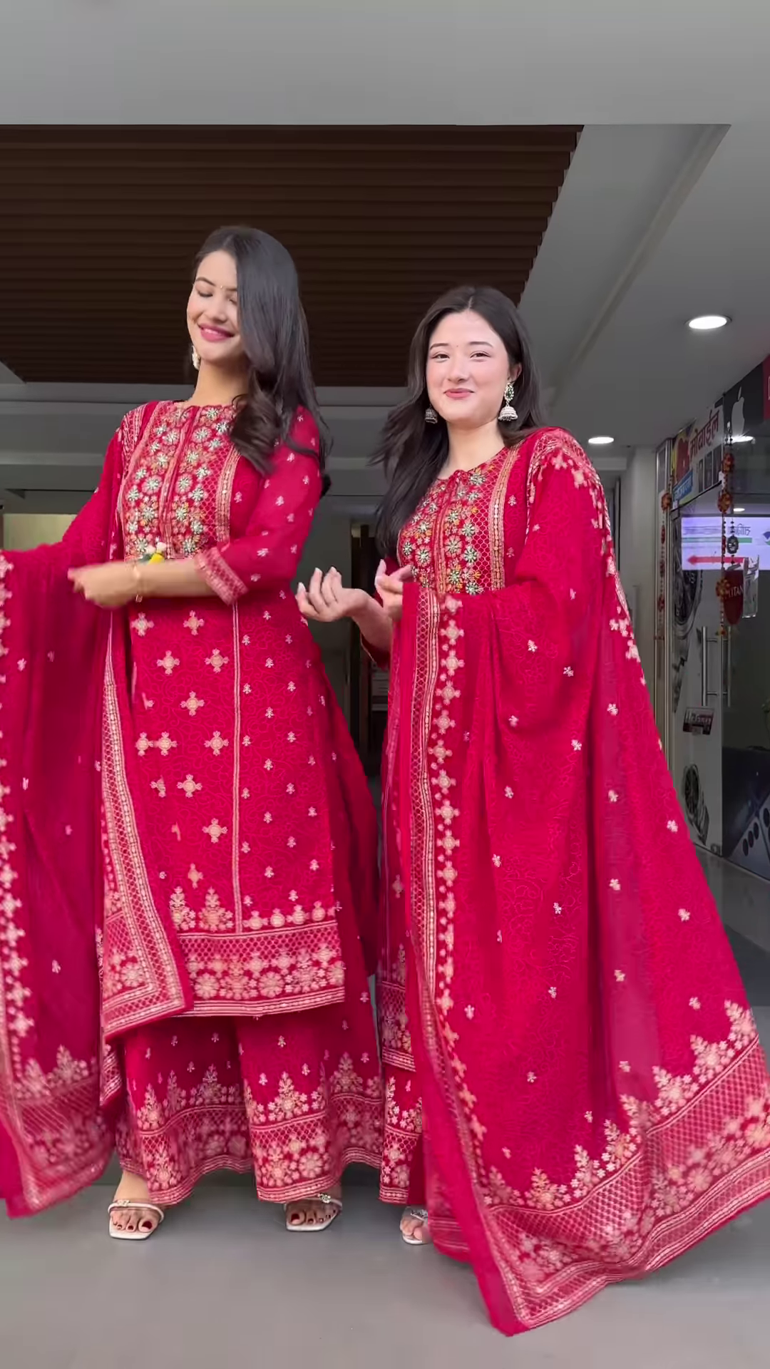Couple’s Coordinated Red Embroidered Kurta Set with Dupattas – Festive Ethnic Portrait Ensemble - Image 2