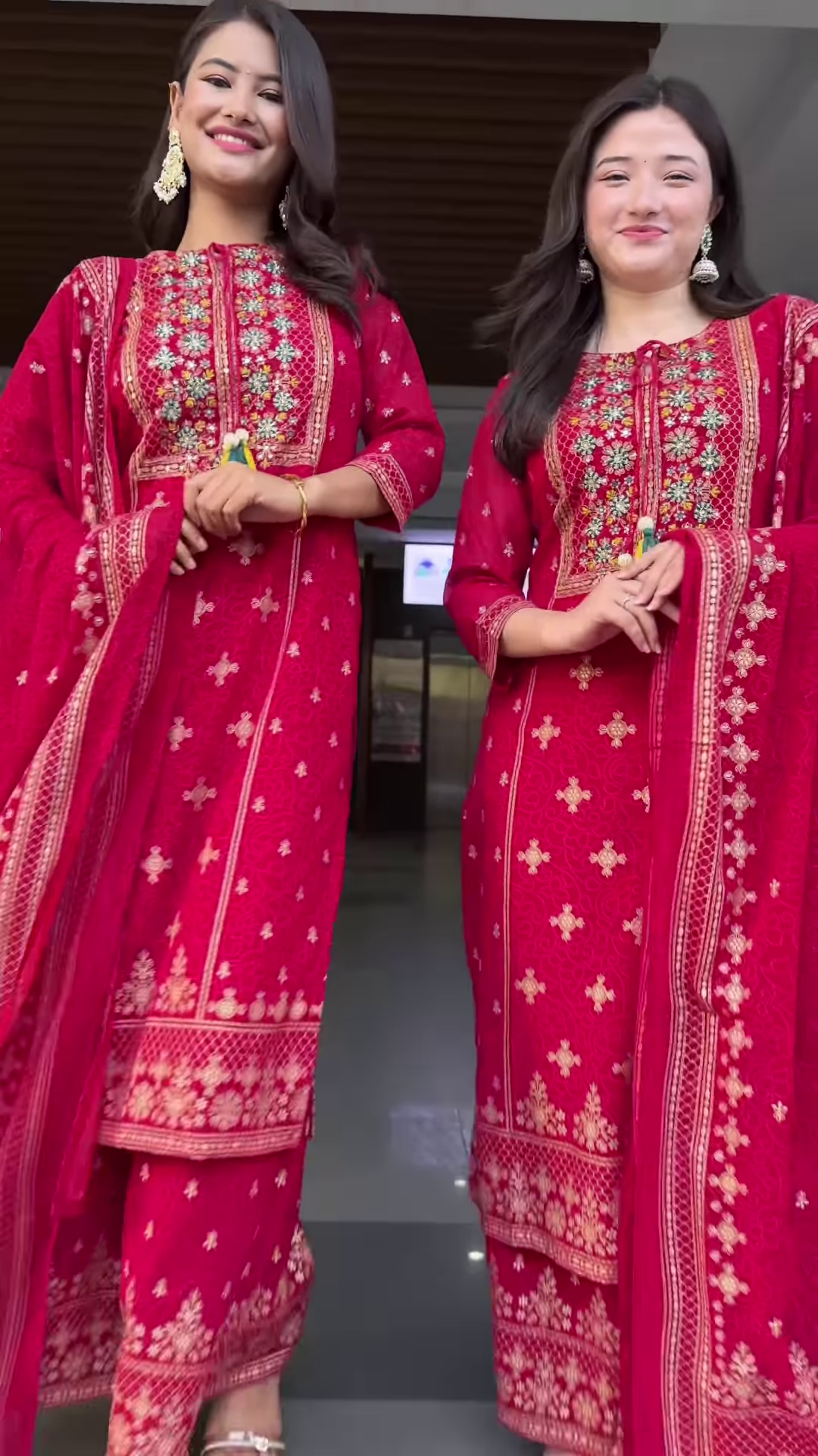Couple’s Coordinated Red Embroidered Kurta Set with Dupattas – Festive Ethnic Portrait Ensemble