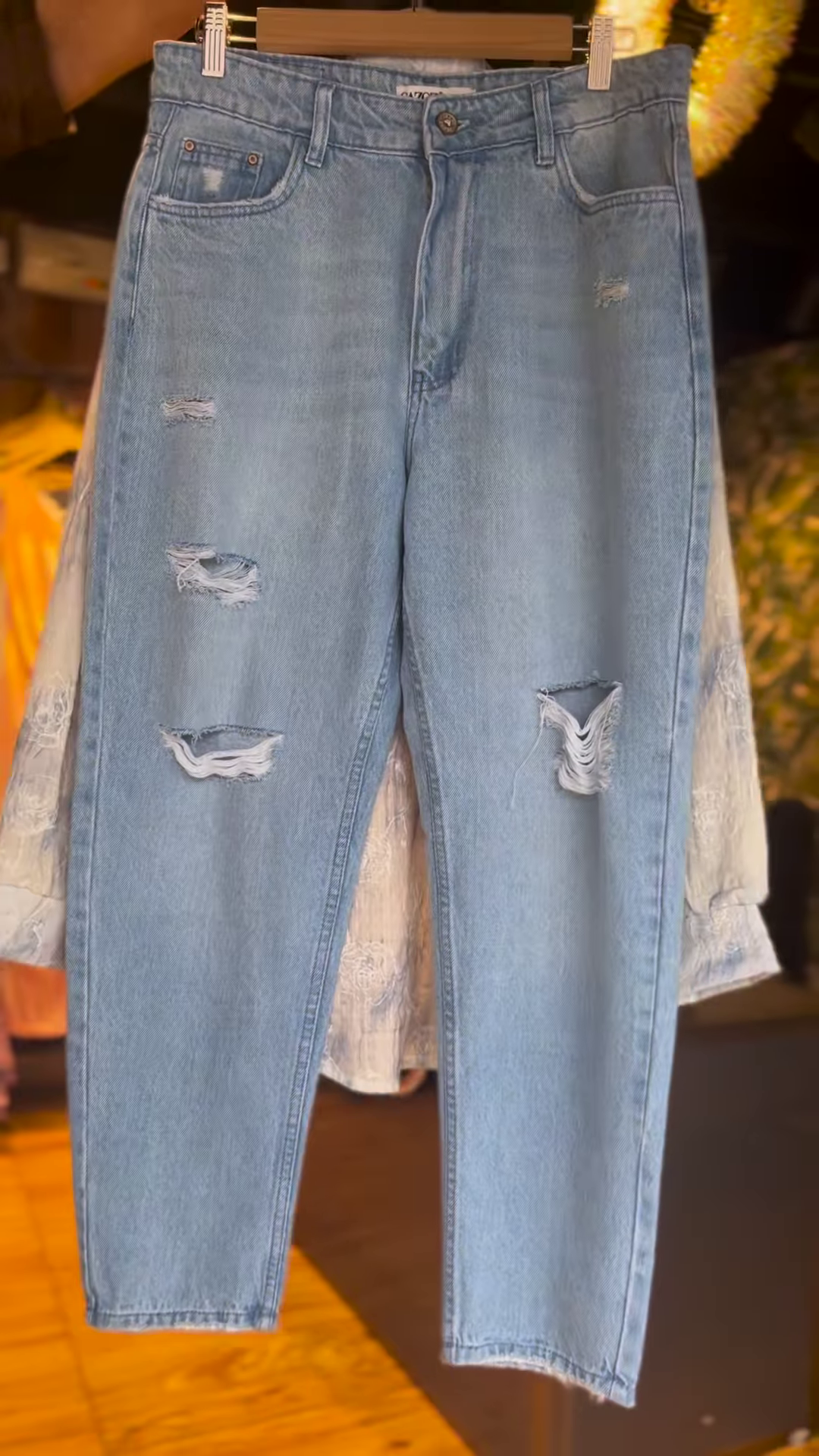 Women’s Light Blue Ribbed Tank Top with Floral Sheer Shirt and Denim Bermuda Shorts – Layered Summer Streetwear Look - Image 2