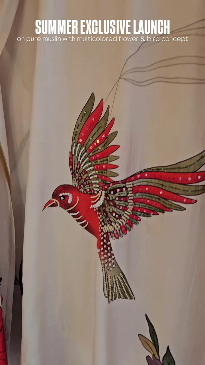 Pure Muslin Fabric with Multicolor Floral & Bird Print – “Summer Exclusive Launch” Textile Promotion - Image 2