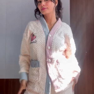 Plush & Fuzzy Co-ord Sets 🧸❄️ With Embroidery & Pastel Charm – Blue, Strawberry & Dog Variants