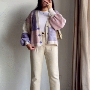 Color-Block Pastel Cardigans 🧥🎨 – Soft Knit Layers in Pink-Blue, Purple-Beige & Orange-Mustard Variants