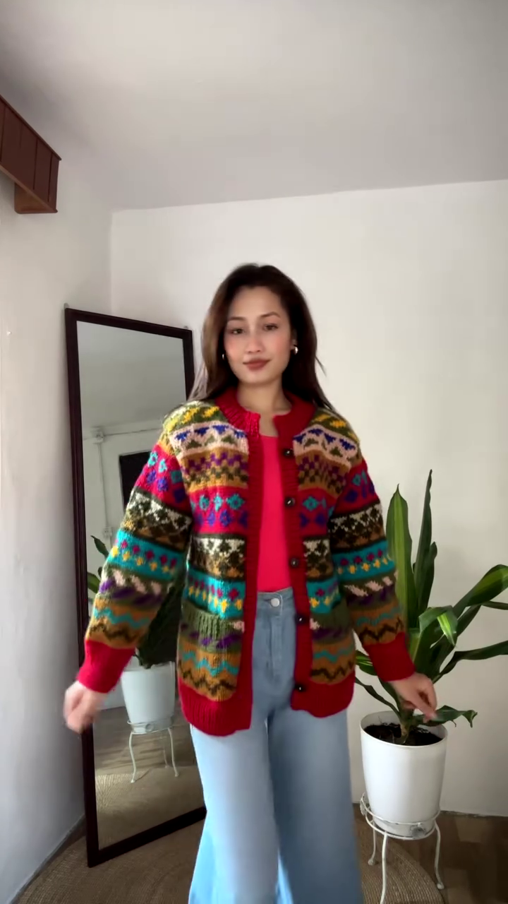 Multicolor Patterned Knit Cardigan π§₯π β Styled Over Red Top & Light Blue Jeans - Image 2