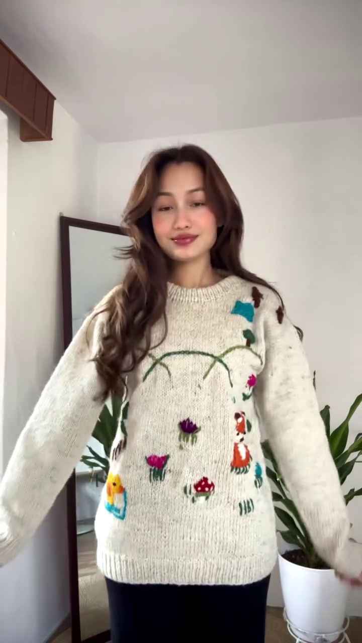 Whimsical Nature-Embroidered Knit Sweater 🌞🦊🌼 – Beige Base with Colorful Storybook Detailing - Image 3