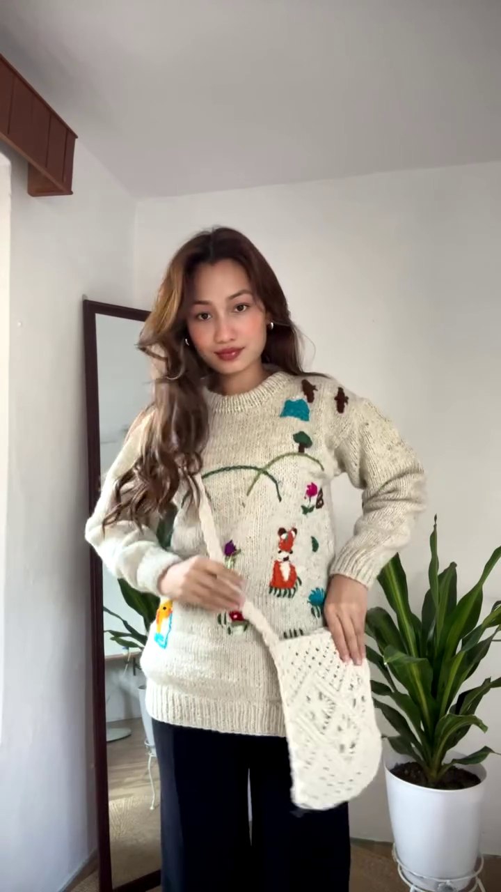 Whimsical Nature-Embroidered Knit Sweater 🌞🦊🌼 – Beige Base with Colorful Storybook Detailing - Image 5