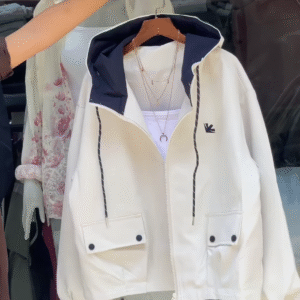 Contrast-Hood Zip-Up Jackets 🧥🎨 – Navy, Red & White Variants with Layered Styling