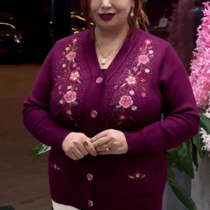 Floral Embroidered Knit Cardigans 🌸🧥 – Beige, Maroon & Purple Variants with Button-Up Front & Pocket Detailing