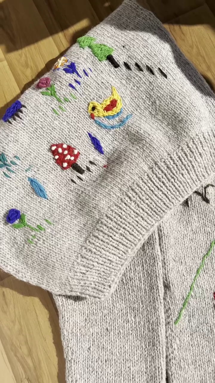 Whimsical Nature-Embroidered Knit Sweaters 🐥🍄🌼 – Light Gray Base with Playful Storybook Detailing - Image 3