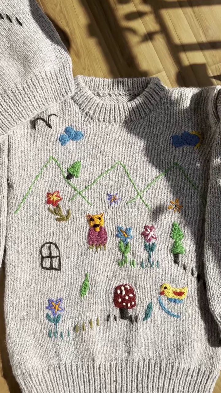 Whimsical Nature-Embroidered Knit Sweaters 🐥🍄🌼 – Light Gray Base with Playful Storybook Detailing - Image 4