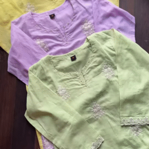 Pastel Embroidered Mulcotton Kurtas – Floral Ethnicwear in Yellow, Lavender & Light Green