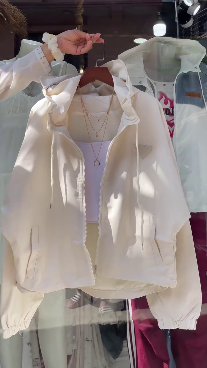 Beige Hooded Jacket with White Tank Top – Layered Casualwear for Women - Image 5