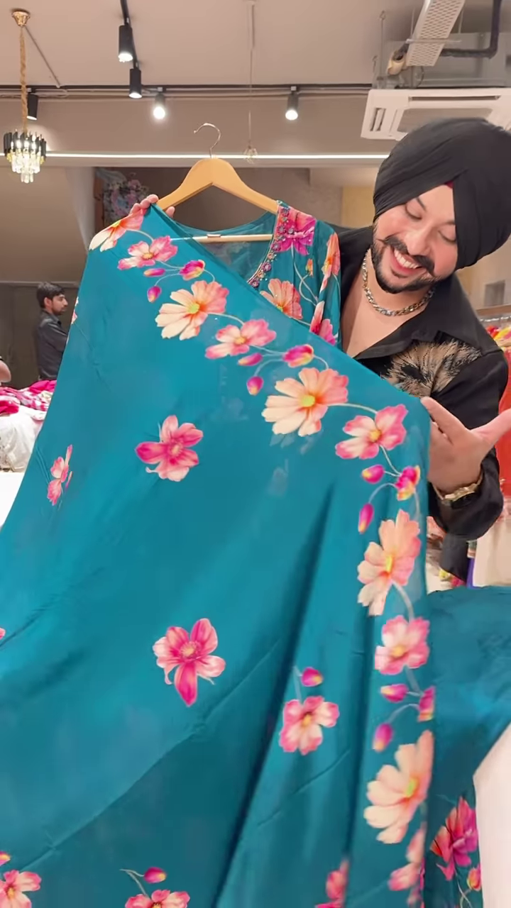 Bright Pink Floral Printed Flared Kurti with Embroidered Neckline and Button Detailing - Image 3