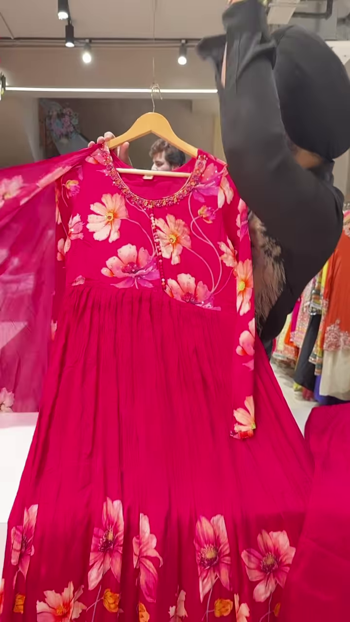 Bright Pink Floral Printed Flared Kurti with Embroidered Neckline and Button Detailing