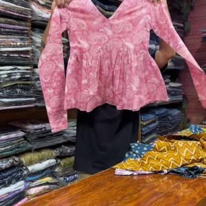 Pink Paisley Printed V-Neck Peplum Top with Long Sleeves for Women