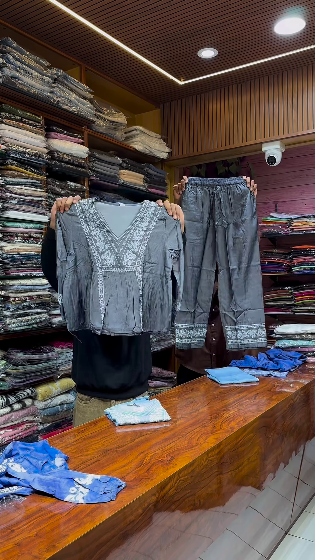 Blue Embroidered Long-Sleeve Top and Matching Pants Set with White Threadwork - Image 2