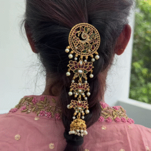 Traditional Bridal Jada Billa Hair Accessory with Peacock Motif and Pearl Drops