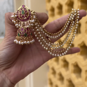 Traditional Gold-Plated Jhumka Earrings with Kemp Stones and Multi-Strand Pearl Earchain