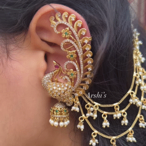 Elaborate Gold-Plated Peacock Ear Cuff Jhumka with Kundan and Pearl Chains - Statement Indian Ear Jewelry