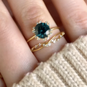 Elegant Gold-Plated Ring Set with Oval Teal Gemstone and Pave Band