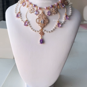 Dreamy Snow Pegasus Inspired Necklace with Amethyst, Pearls, and Intricate Gold-Toned Details