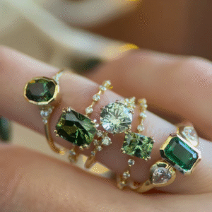 Elegant Stackable Gold Rings with Green Tourmaline, White Sapphire, and Diamond Accents