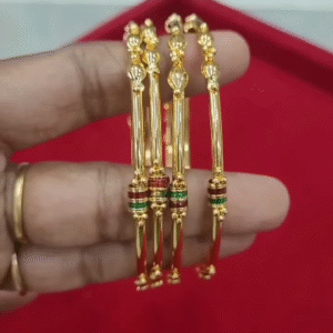 Set of Four Traditional Gold-Plated Bangles with Enamel and Bead Accents