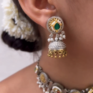 Aora Silver Look Alike Dual Tone Jhumka Earrings with Emerald and Pearls
