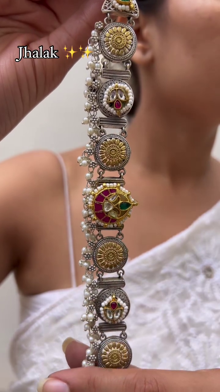 Aora Silver Look Alike Dual Tone Jhumka Earrings with Emerald and Pearls - Image 2