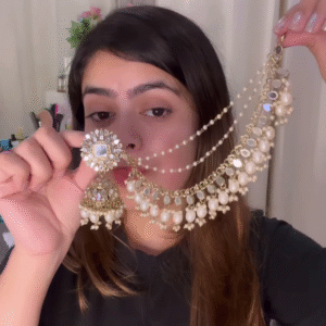 Elegant Gold-Toned Jhumka Earrings with Kundan and Multi-Strand Pearl Earchain