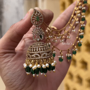 Sparkling AD Stone Jhumka Earrings with Green Beads and Pearl Chain Earchain