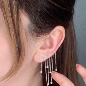 Whimsical Silver Cloud Earrings with Dangling Raindrop Chains - Ethereal Jewelry