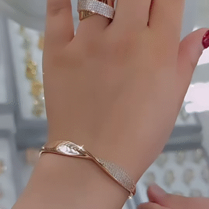 Elegant Rose Gold-Toned Ring and Bangle Set with Pave Crystal Accents