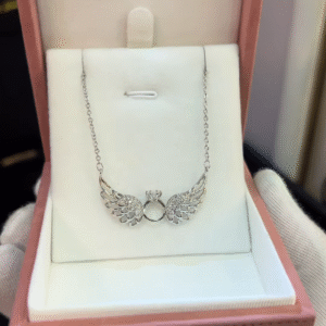Elegant Silver-Toned Angel Wing Pendant Necklace with Ring Detail and Sparkling Accents