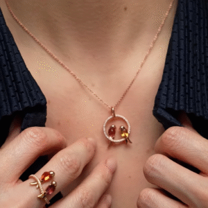 Whimsical Rose Gold-Toned Necklace and Ring Set with Bird Charms and Gemstone Accents