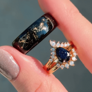 Celestial Inspired Ring Set: Gold-Toned Pear-Cut Blue Sandstone Halo Ring and Dark Galaxy Band