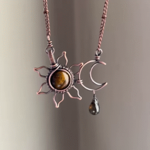 Artisan Copper Sun and Moon Necklace with Gemstone Accents - Celestial Jewelry