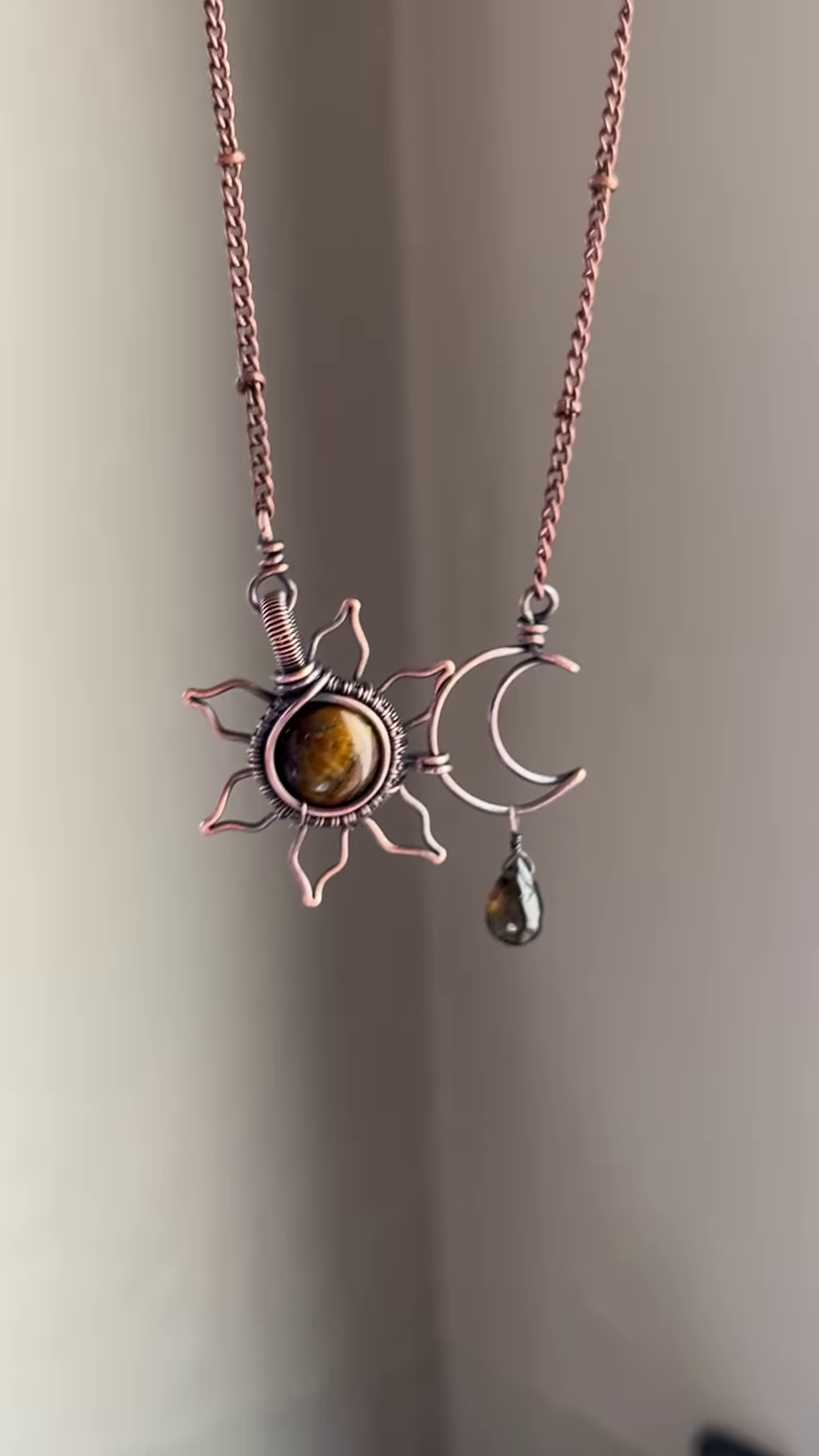Artisan Copper Sun and Moon Necklace with Gemstone Accents - Celestial Jewelry