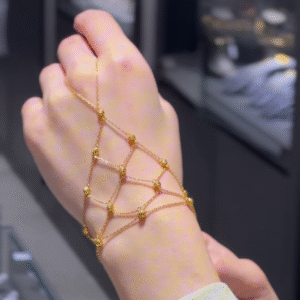 Elegant Gold-Toned Mesh Hand Chain Bracelet with Bead Accents - Adjustable Finger Rings