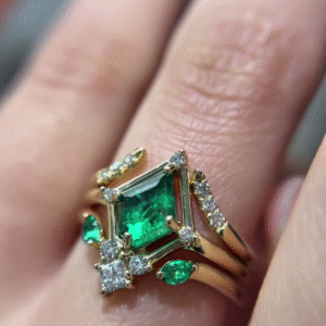 Unique Gold Emerald Cut Emerald Ring Set with Diamond Accents