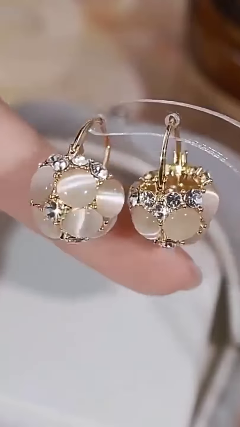 Elegant Gold-Toned Cat's Eye Stone Ball Drop Earrings with Crystal Accents
