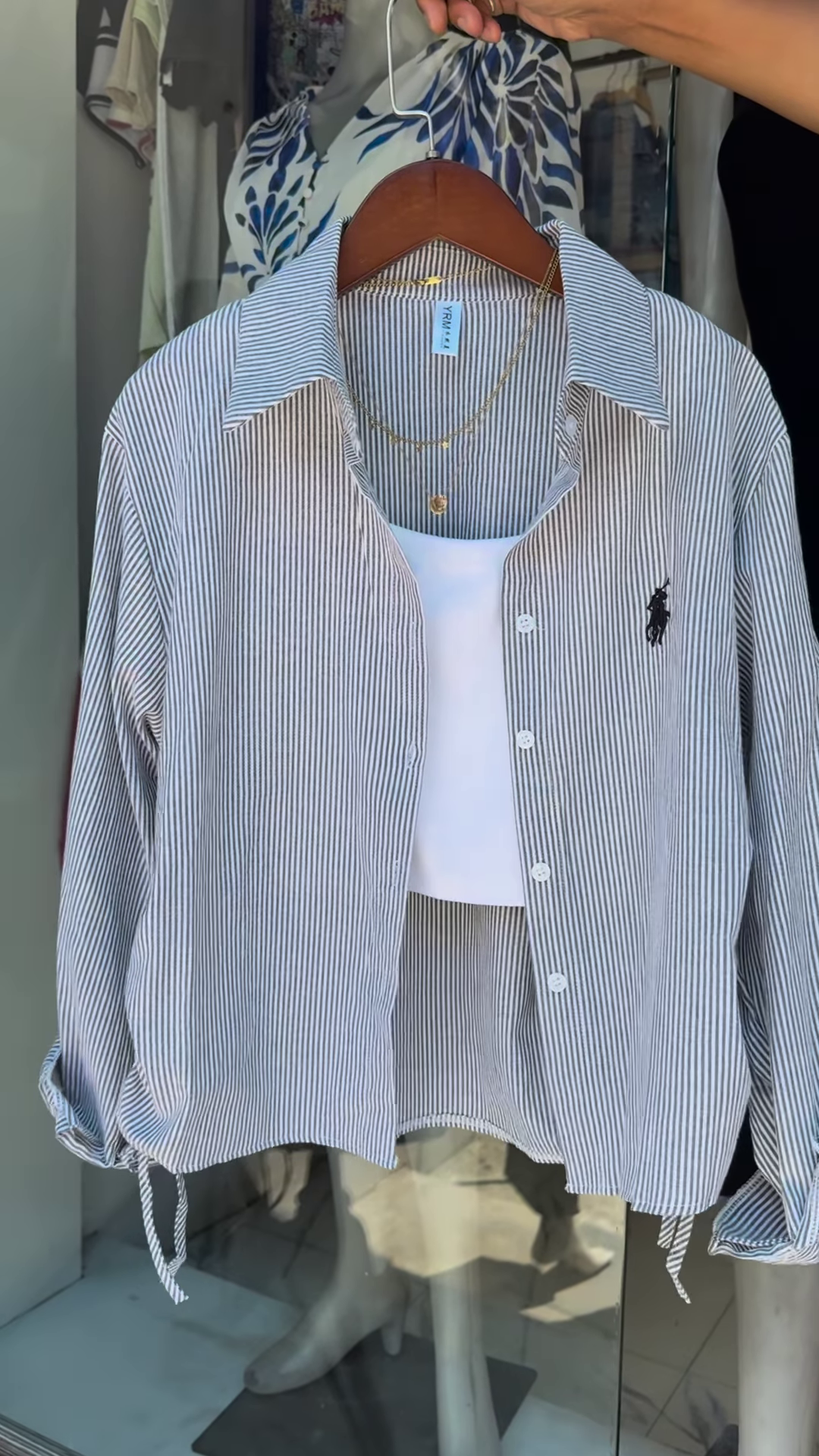 Casual Pink Pinstripe Button-Down Shirt with Ruched Side Detail - Image 3