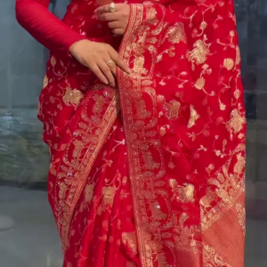 Royal Crimson Silk Saree with Antique Gold Floral Vine Zari Work