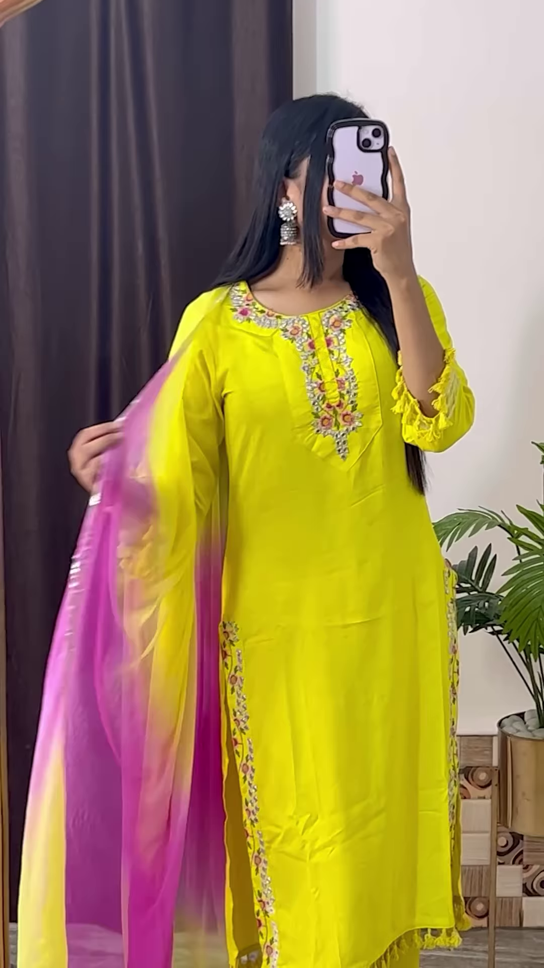 Deep Magenta Silk Kurta with Gold Zari Yoke and Floral Printed Dupatta - Modern Festive Ethnic Suit - Image 3