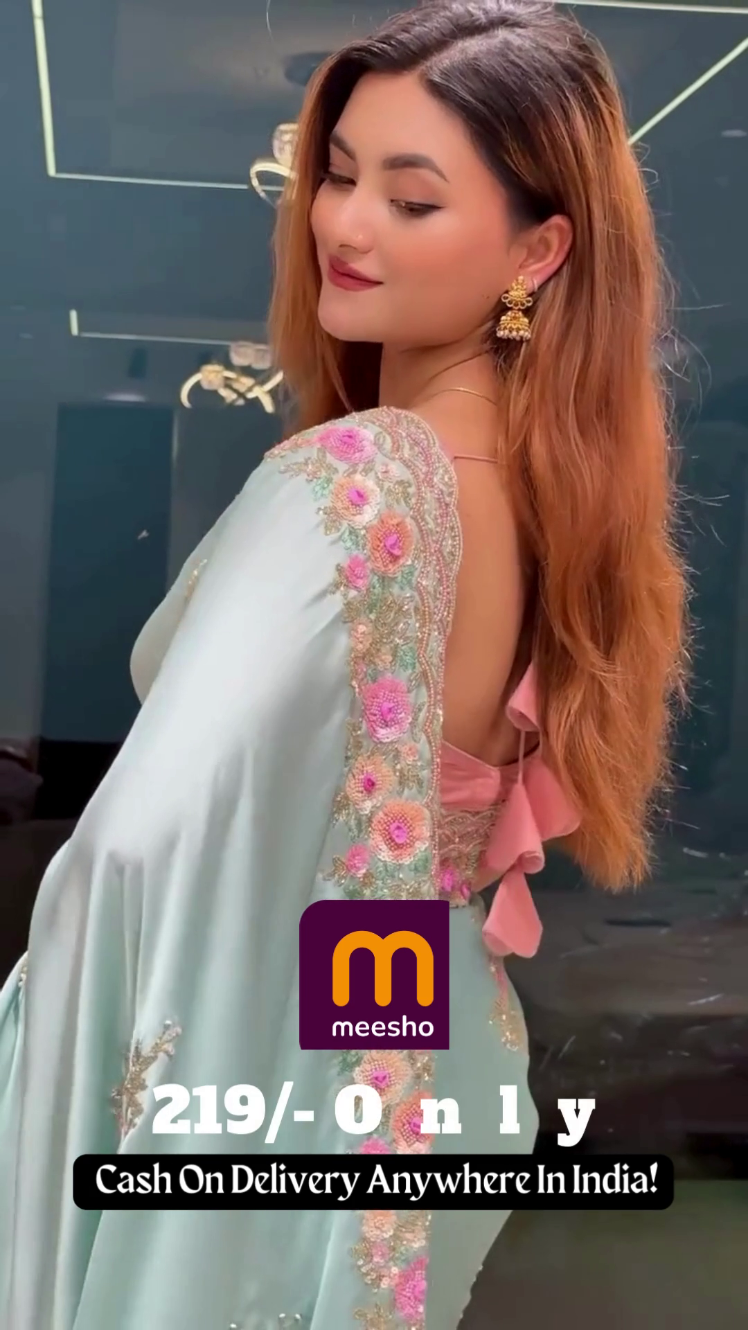 Soft Mint Green Saree with Pink Floral Embroidery and Scalloped Border - Designer Pastel Ethnic Wear - Image 4